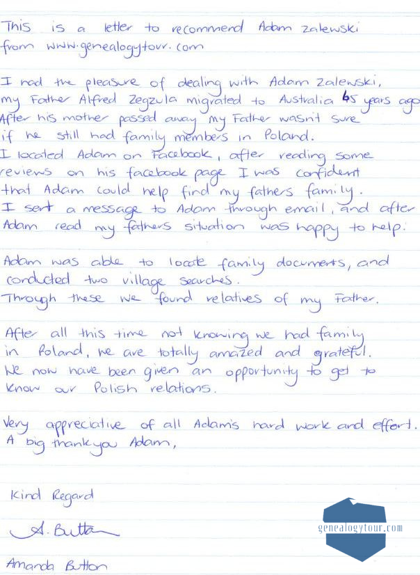 Customer's recommendation of Genealogy Tour, finding Polish ancestors.