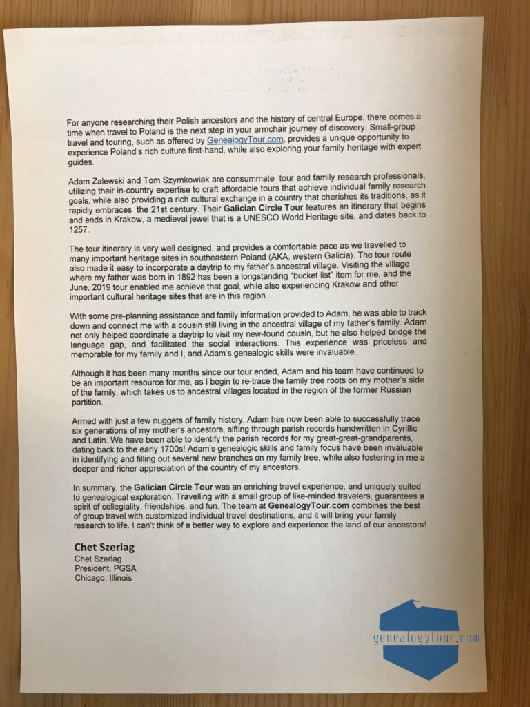 printed email, customer's recommendation of Geneallogy Tour, help with tracing Polish ancestry