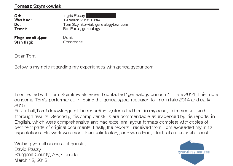 email, customer's great expierience with Genealogy Tour, recommendation