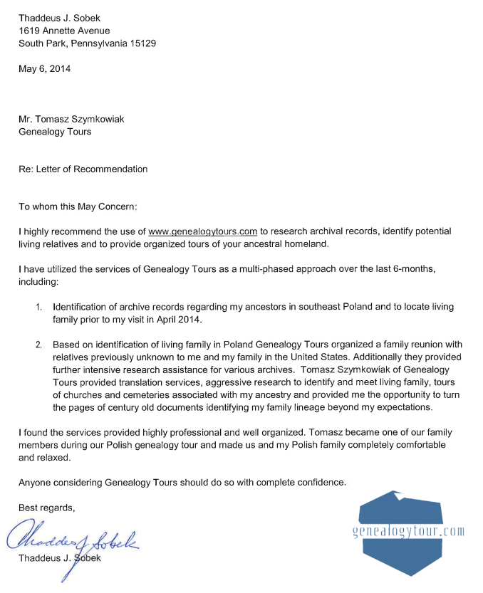 Email with reference of Genealogy Tour services